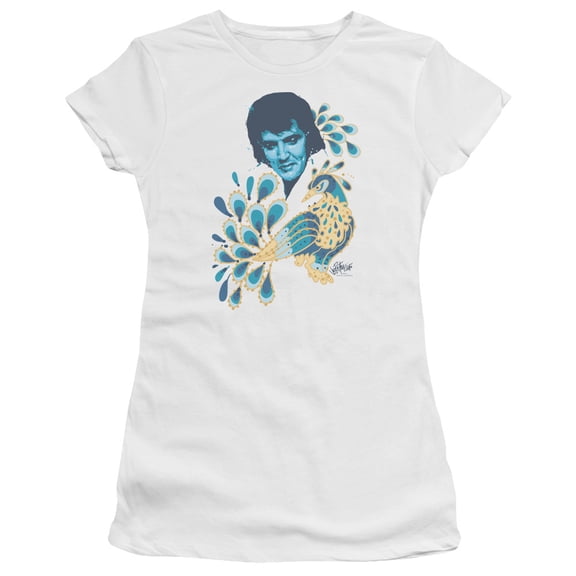Trevco ELV574-JS-3 Elvis Presley & Peacock Juniors Sheer Cap Short Sleeve T-Shirt, White - Large