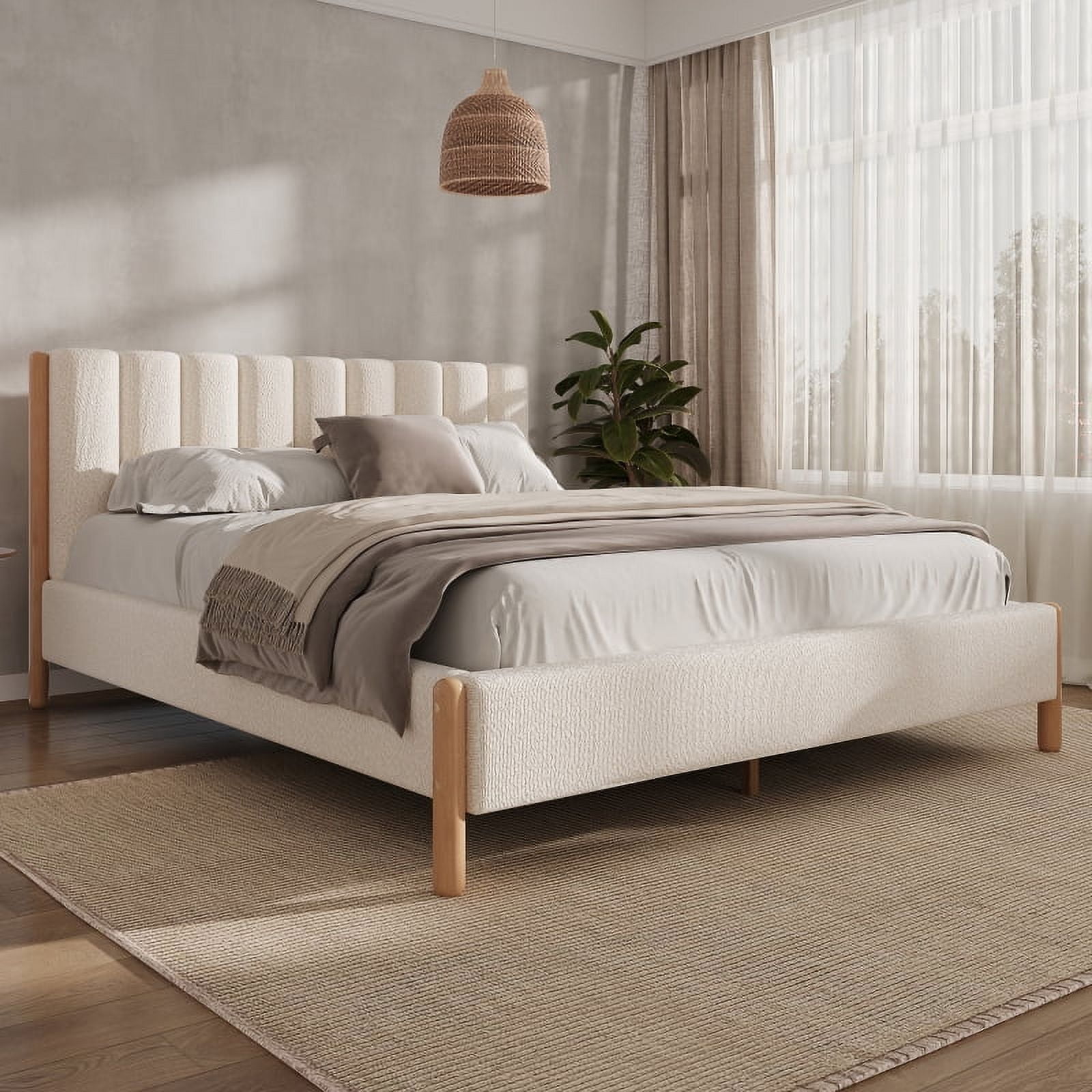 King Size Bed Frame with Boucle Upholstered Thick Headboard, Solid Wooden Legs, White
