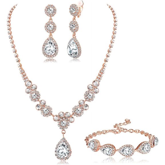 Rhinestone Bridal Jewelry Set Necklace Bracelet Clip On Earrings for Brides Bridesmaid Cluster Crystal Teardrop Pendants Jewelry Set for Wedding Prom Rose Gold Tone