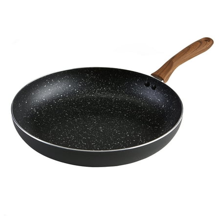 IMUSA 9.5in Black Stone Aluminum Speckled Nonstick Fry Pan with Wood Look Handle, Black