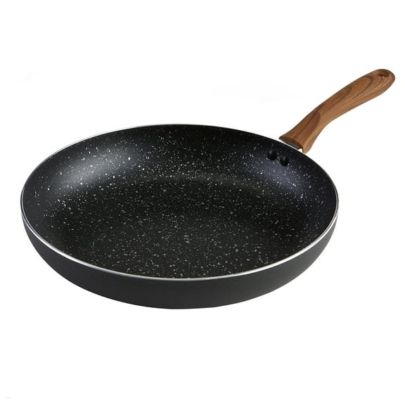 IMUSA 9.5in Black Stone Aluminum Speckled Nonstick Fry Pan with Wood Look Handle, Black