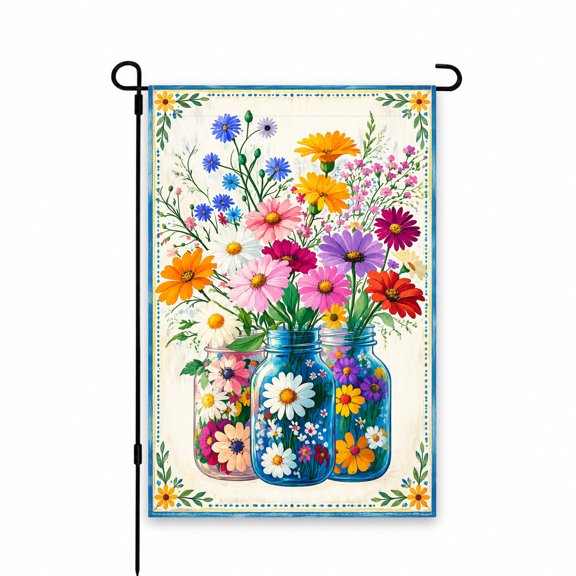 12x18 Inch Garden Flag with Colorful Wildflower Bouquet in Mason Jars Design - Perfect Yard, Lawn, Patio Decor for Spring and Summer Outdoor Display