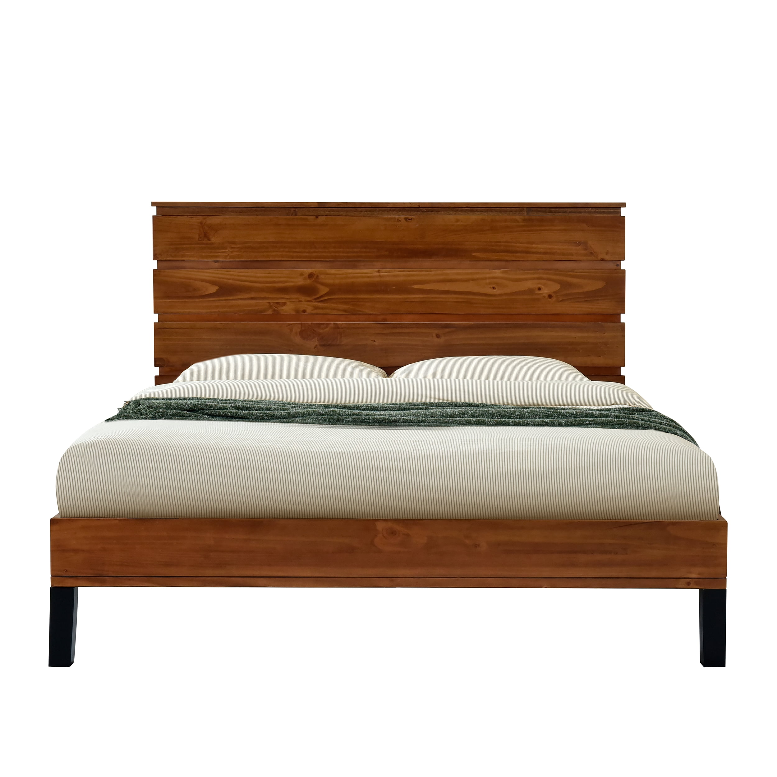 Euroco Wood Bed Queen Platform Bed with Six-Piece Headboard Design for Kids Adults,Brown