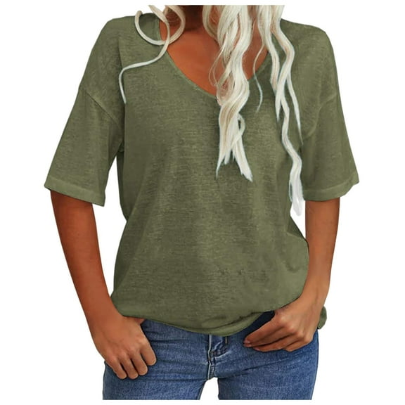 MNCEKFOD T Shirt for Women Elbow Length Sleeve Tshirt Casual V Neck Breathable Lightweight Leisure Womens Tops Army Green L