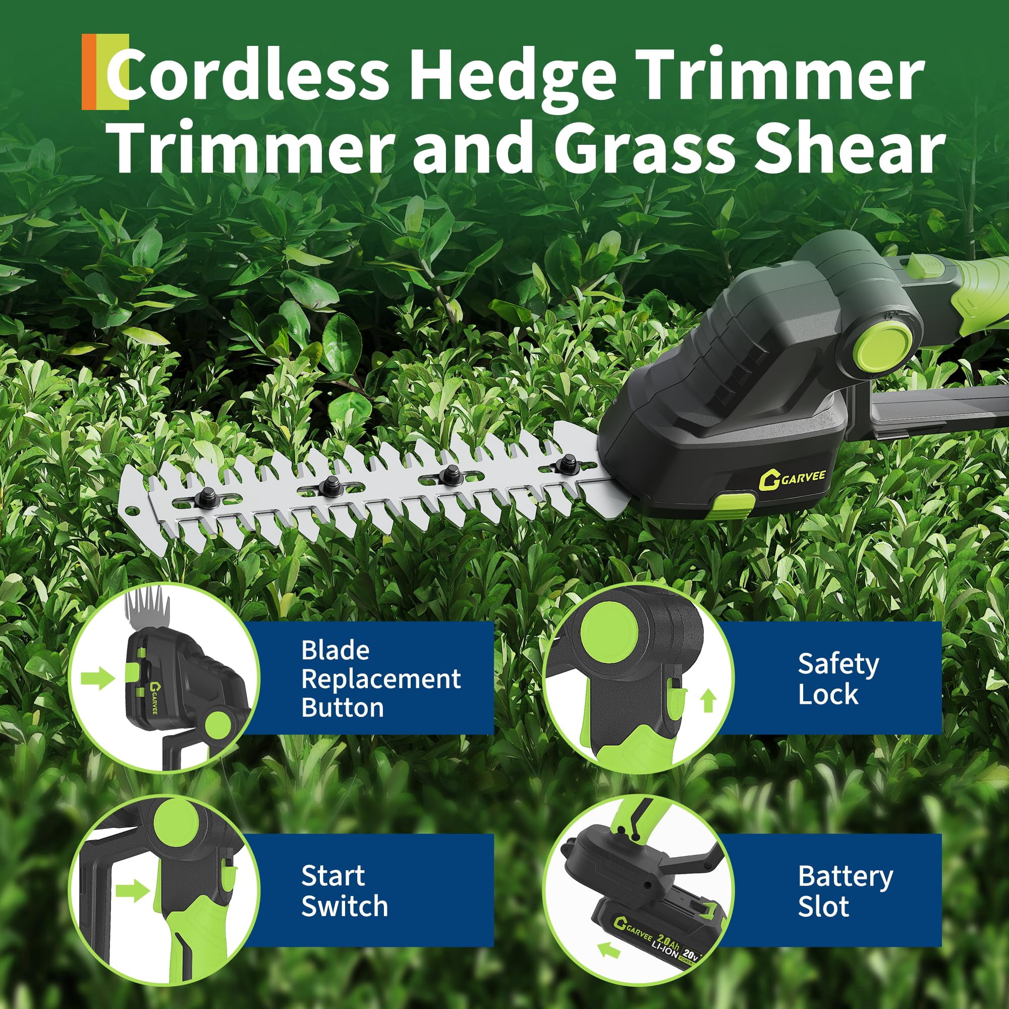Cordless Hedge Trimmer, 2-in-1 Electric Hedge Trimmer, 20V 2.0Ah Grass Shears and Hedges Trimmers, with 2 Battery and Charger, Usage Time Can Last Up to 120 Minutes, for Gardens, Yards and Lawns