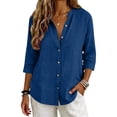 thumbnail image 3 of QASIEATN Women's Casual V Neck Button 3/4 Sleeve Linen Blouse Loose Fit Solid Color Tops for Summer Fall Fashion Outfits for Women, 3 of 7