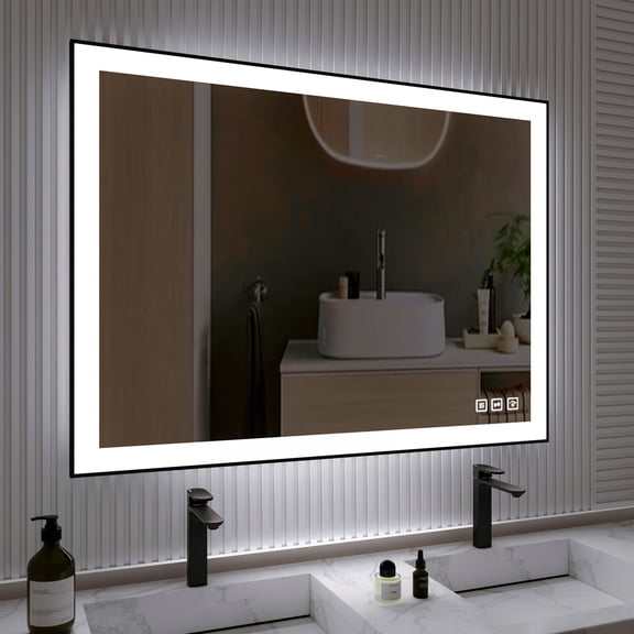 36x48 Inch Rectangular Framed LED Anti-Fog Wall Bathroom Vanity Mirror in Black with Backlit and Front Light