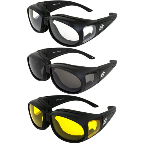 Birdz Eyewear Swallow Fit Over Glasses Foam Padded Motorcycle Sunglasses Riding Safety Glasses 3 Pairs Black Frame w/ Clear Smoke Yellow Lenses