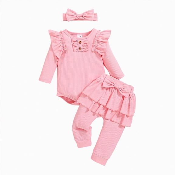NOLDARES Baby Girl Clothes Newborn Rib Frill Long Sleeve Romper Daisy Flared Pants Headband Set 3Pcs Fall Winter Outfits,Pink,3-6 M