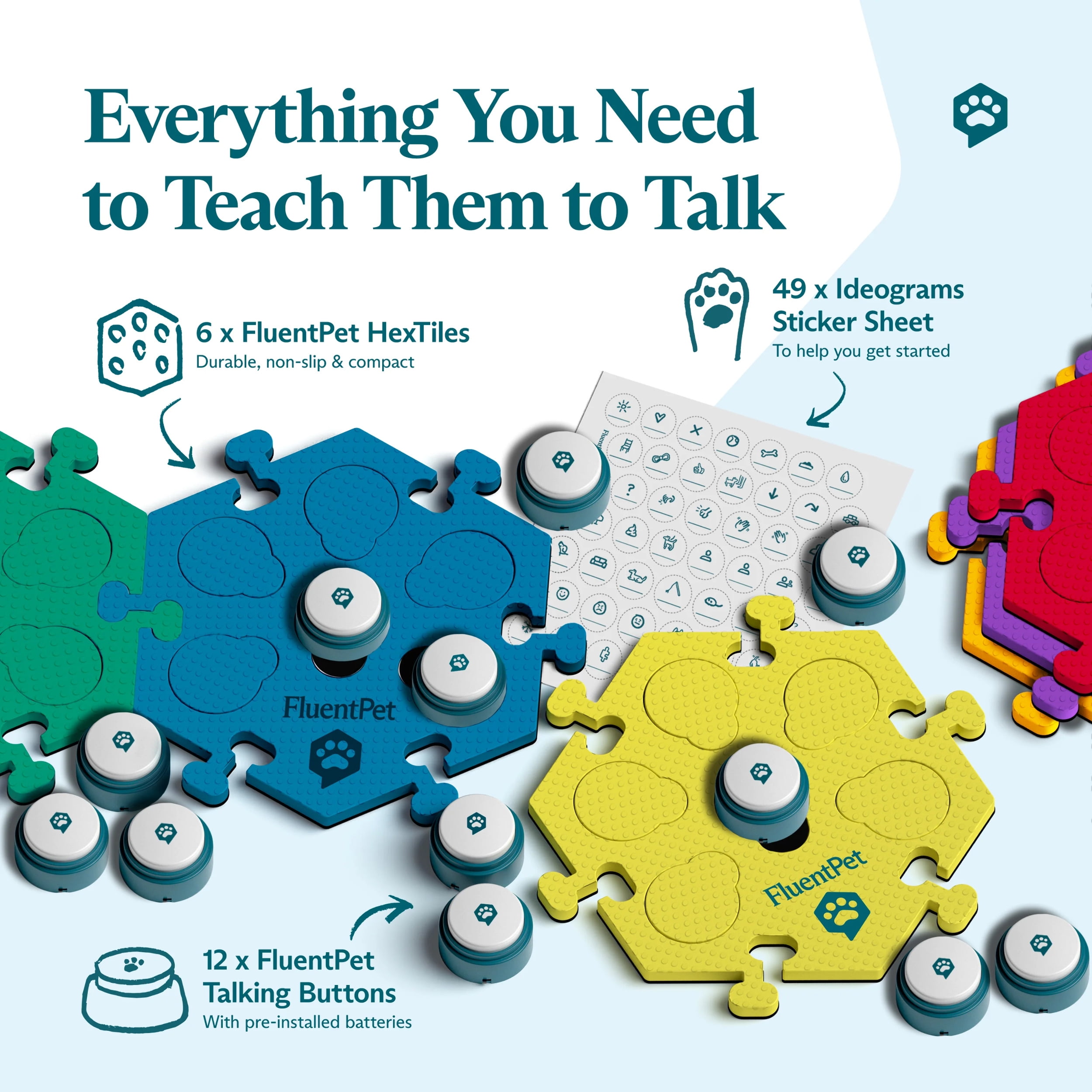 FluentPet Basic Key Vocab Kit - 12 Recordable Buttons + HexTile