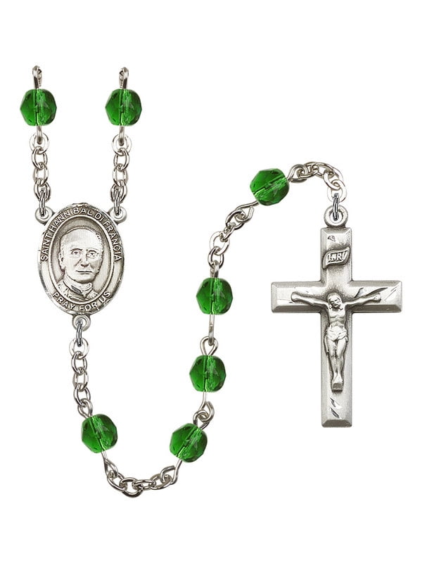 The charm features a St Hannibal medal Patron Saint Orphanages/Seminarians The Crucifix measures 5/8 x 1/4 Silver Plate Rosary Bracelet features 6mm Emerald Fire Polished beads 