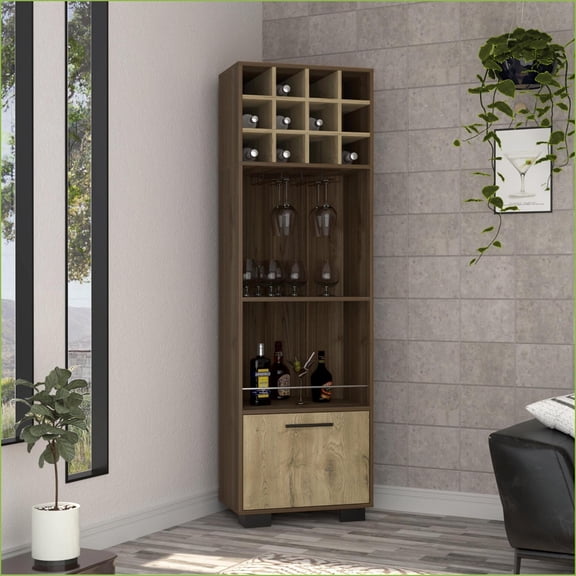 Corner Bar Cabinet, Marsella with 12-Bottle Wine Rack, Cup Rack, 2 Shelves & Flexible Drawer | Modern | Particle Board