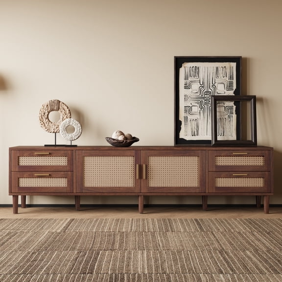 78" TV Stand for TVs up to 85", Modern Entertainment Center with Rattan Doors, 4 Drawers & Solid Wood Legs