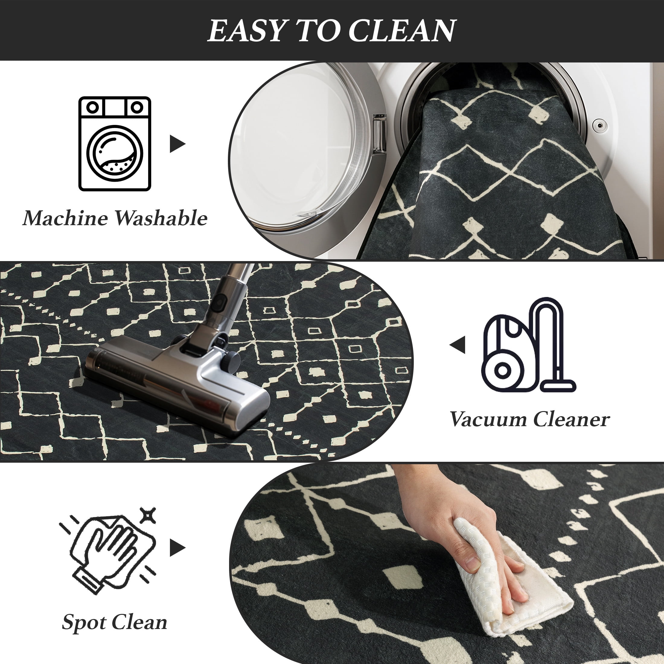 SONORO KATE 5'×7' Washable Area Rug for Living Room, Moroccan Non-Slip Soft Carpet for Bedroom Dining Room Office, Carbonblack