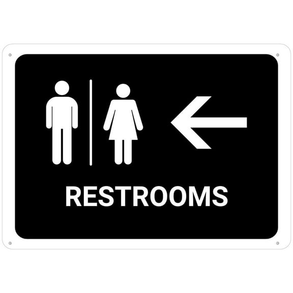 Restrooms With Left Arrow Black Sign Signs Outdoor, Uv Printed Aluminum 12 X 8 In, Weatherproof And Security Signs For Home Or Business
