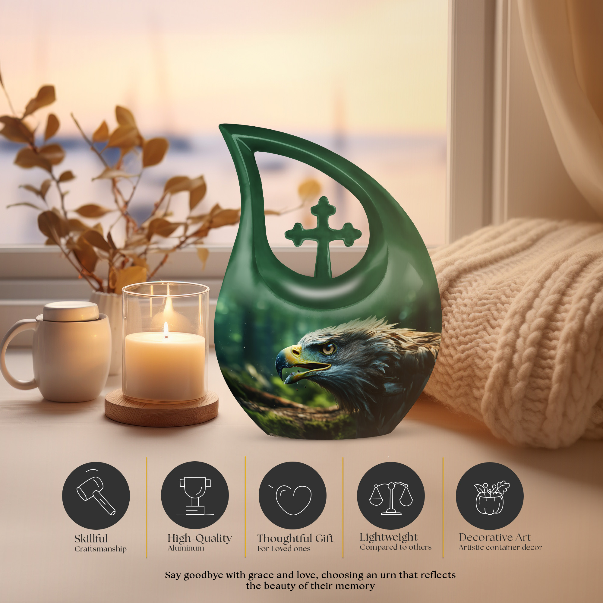 MUKTIVE Eagle Cremation Urns for Ashes for Men and Women - Large Cross Drop Burial Urn for Human Ashes - Green Funeral Urn with Lid - Memorial Gifts for Loss of Mom and Dad, 10 Inch
