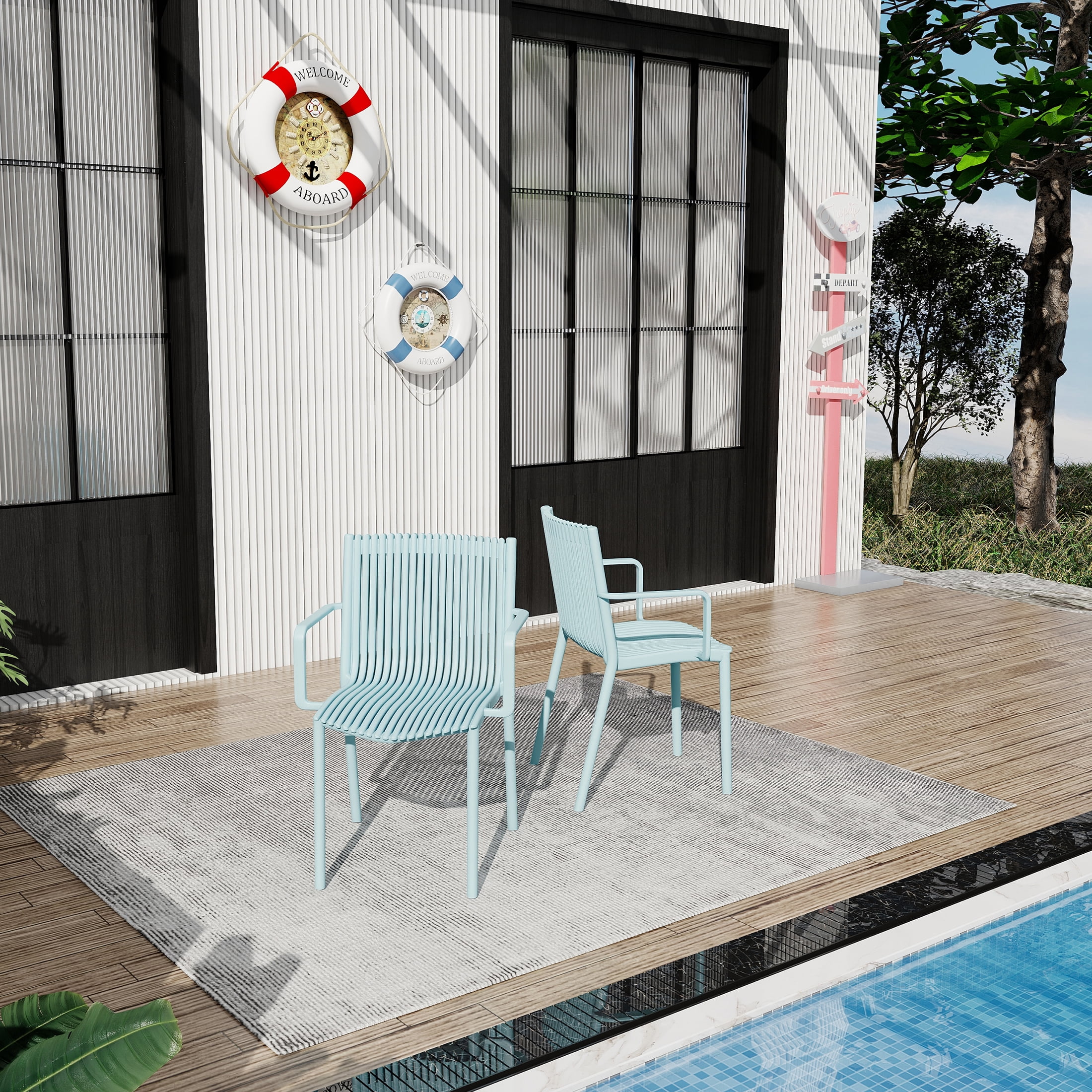 Plastic Armchair, 4 Pack Stackable Ergonomic Chair for Garden Patio Balcony Outdoor Use, Light Blue