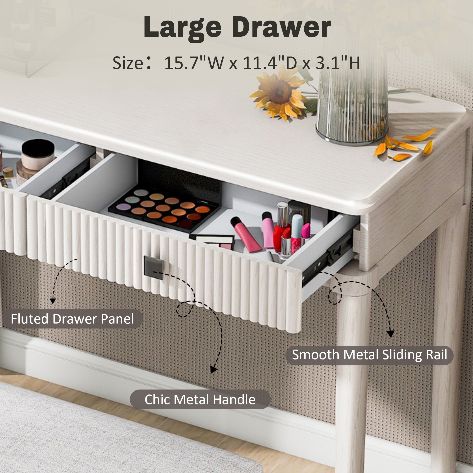 AENKYO Classic Vanity Desk Set with Big Mirror & Bench - Versatile Makeup Dressing Table with Drawers, Beige