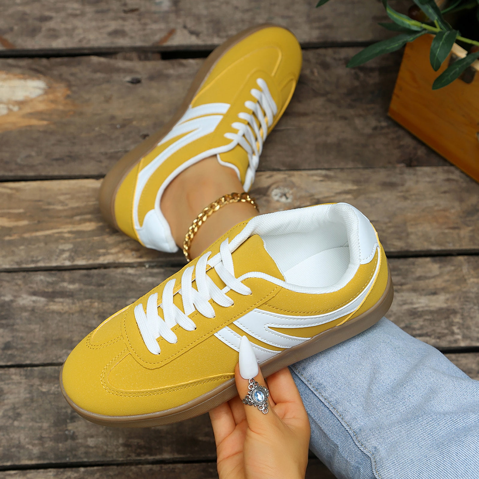 Tennis Shoes Womens Lace up Retro Classic Trainers Skate Shoes Fashion Suede Color Block Sneakers Nonslip Flat Walking Shoes Yellow Size 6