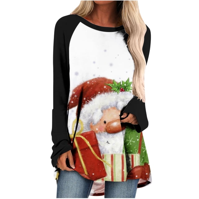 Camiseta de manga larga con cuello redondo y estampado navideño para mujer Pompotops qwe24238