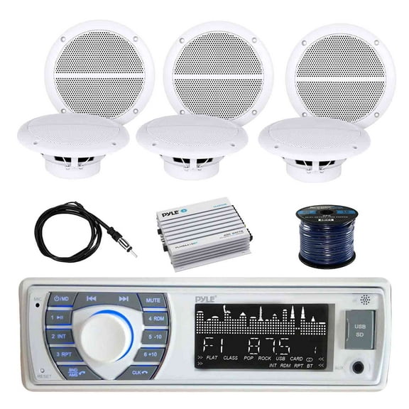 Pyle BT Marine Receiver Stereo(White) w/Enrock Marine 6.5" Weather Resistant Marine Speakers 60W(3-Pairs), Pyle WP Amplifier BT,400W 4-Chan, Enrock Marine Antenna & Enrock Marine 50' 16G SPKR Wire