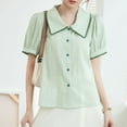 thumbnail image 6 of Fashion Olyvenn Puff Short Sleeve Cotton Linen Blouse for Women's Collared Summer Fashion Casual Work Button Down Shirt Tops Green S, 6 of 9