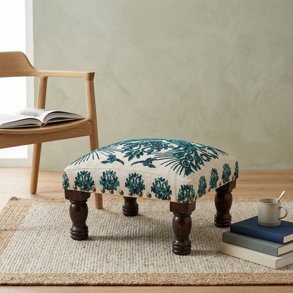 Expobazaar Bohemian Embroidered Upholstered Foot Stool, 16x16x8 Inch Decorative Ottoman for Living Room & Bedroom
