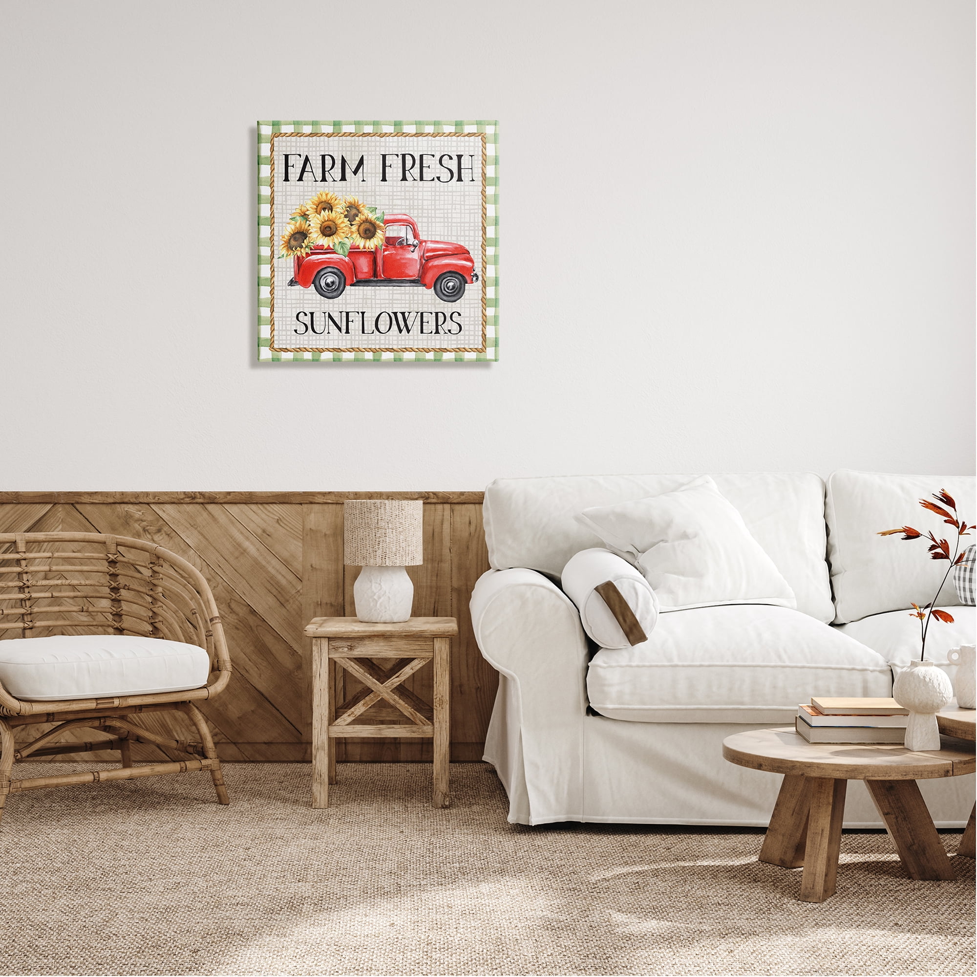 Stupell Gingham Farm Fresh Sunflowers Pattern Transportation Painting Gallery Wrapped Canvas Print Wall Art