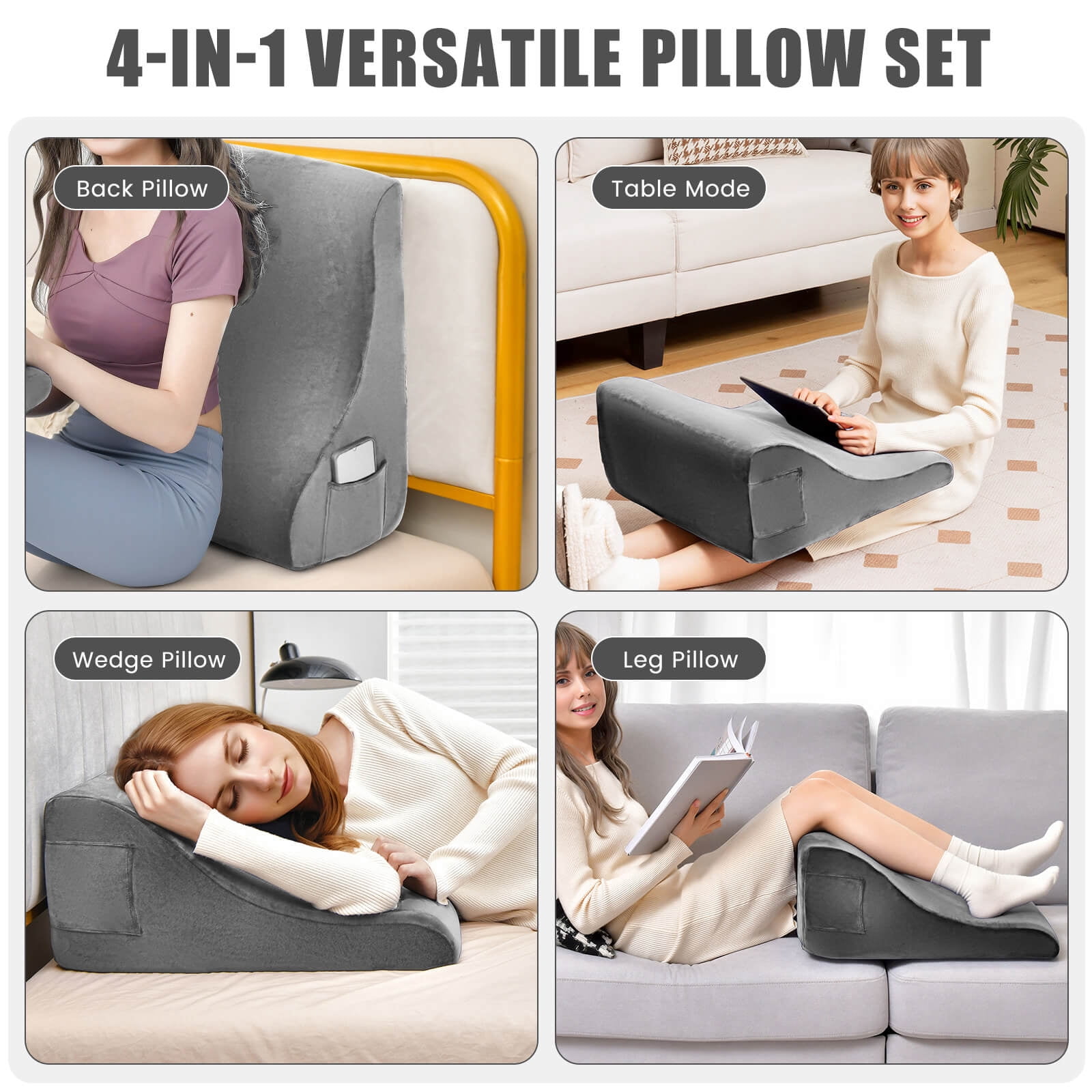 Costway Bed Wedge Pillow with Smooth Zipper Side Pockets Support for Back Grey