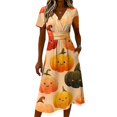thumbnail image 4 of Women's Halloween Midi Dresses Pumpkin Ghost Short Sleeve Horror Dresses Castle Witch Hat V Neck Spooky Sundress, XL, 4 of 5