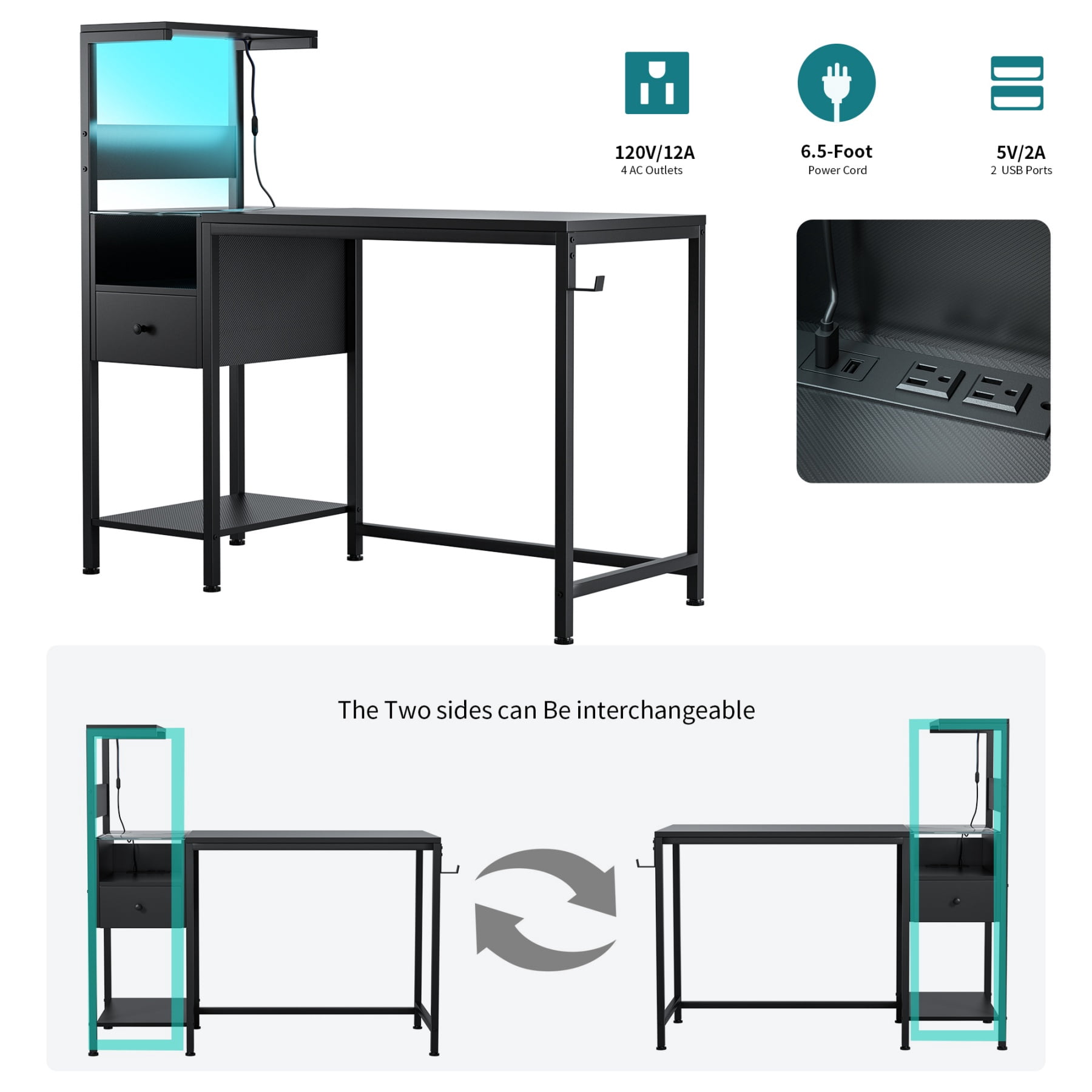 48”Computer Desk with Storage Drawers,Wood Home Office Desks with USB Ports Charging Station,Study Writing Table with Reversible Shelves for Study Bedroom Apartment (Black)