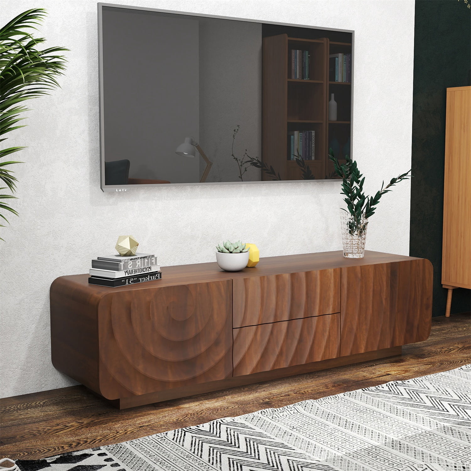 Hommoo 58" Modern Unique Spiral Wave Design TV Stand With Storage Cabinet And 2 Drawers, TV Console Entertainment Center for Living Room, Bedroom, Walnut