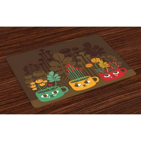 Modern Placemats Set Of 4 Cute Plants Flowers Inside Faced Cups