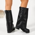 thumbnail image 6 of Viluyesy Womens Knee High Boots Round Toe Block Heel Crinkled Faux Leather Back Drawstring Layered Wide Shaft Trendy Street Boots Black Size 6.5, 6 of 6