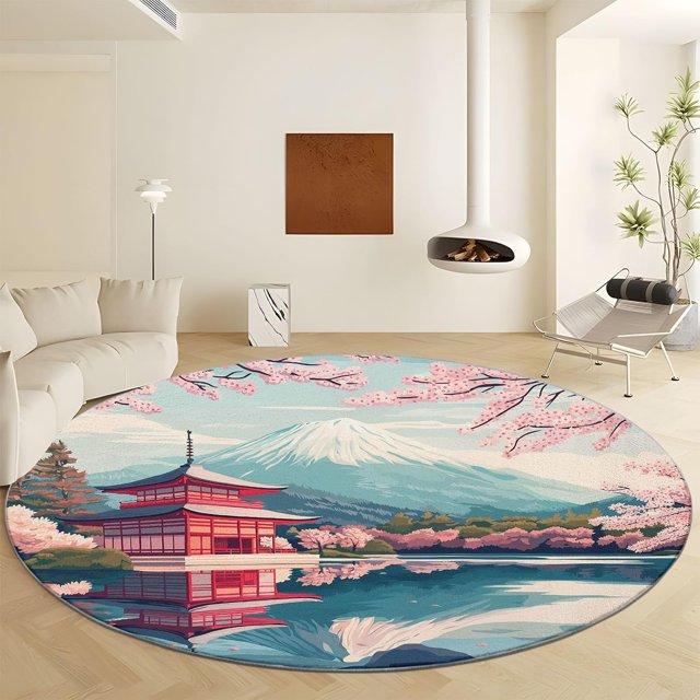 Round Rug 4ft Snow Mountains, Lakes, Flowers, Buildings Area Indoor Circle Rug Round Washable Rug, Floor Mat Print Non Slip Carpet Kitchen Living Room Dining Room Playroom Decor