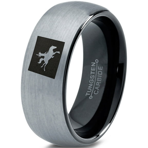 Tungsten Wyoming The Equality State Horse Riding Band Ring 8mm Men Women Comfort Fit Black Dome Brushed Gray Polished