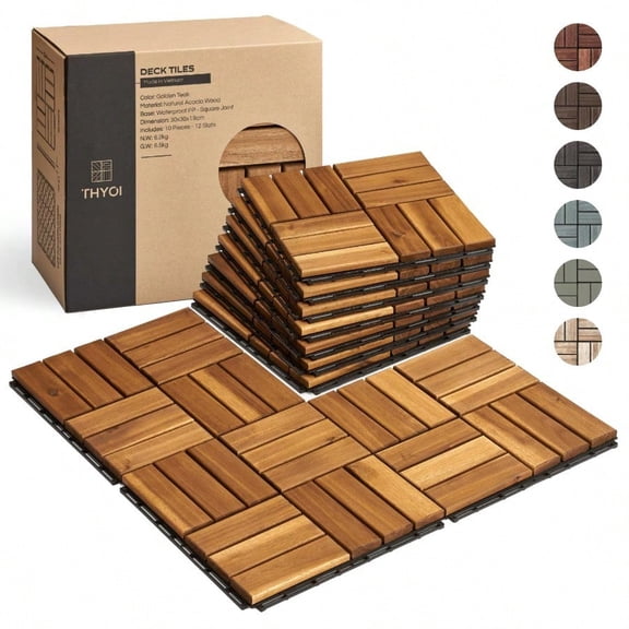 Deck Tiles Patio Flooring - Outdoor Waterproof Acacia Wood Tiles for All Weather Use - Balcony Backyard Indoor Outdoor Golden Teak Crossed Pattern 10 Pcs - 10 Square Ft