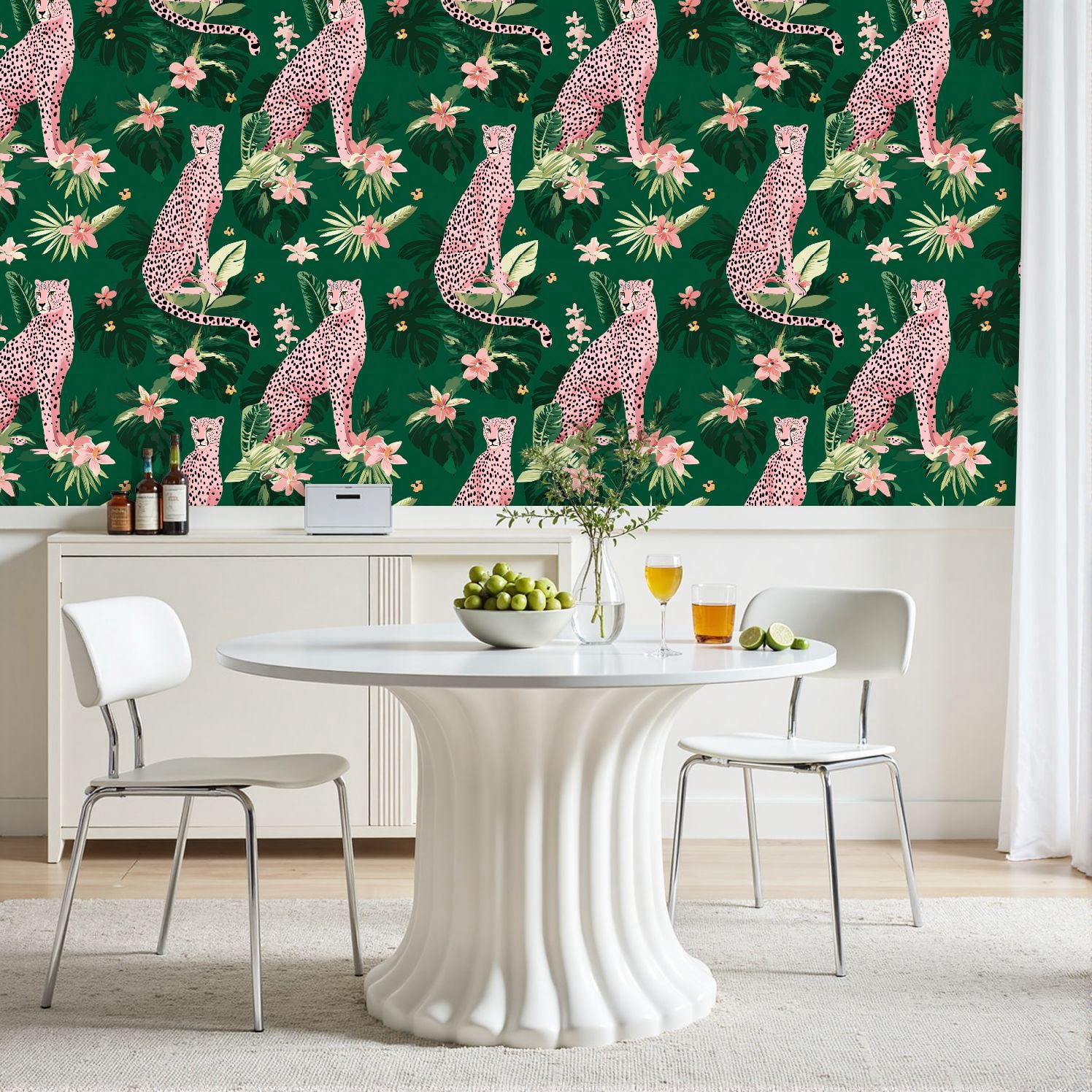Peel and Stick Wallpaper seamless pink leopards flowers tropical leaves Trendy style 24in x 118in Contact Paper Removable Self Adhesive Wall Mural Wall Decor for Bedroom Kitchen Cabinets