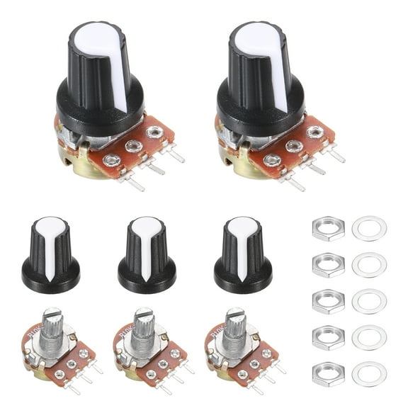 Uxcell 5Pcs WH-148 Potentiometer 3Pins B10K±20% Ohm Linear Taper Rotary Potentiometer XH2.54 Variable Resistor Potentiometers with 5 Plastic Knobs for Audio Equipment, DIY Electronics