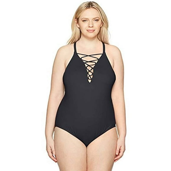 La Blanca Women's Plus-Size Island Goddess High Neck Lace Front One Piece Swimsuit, Black, 20W