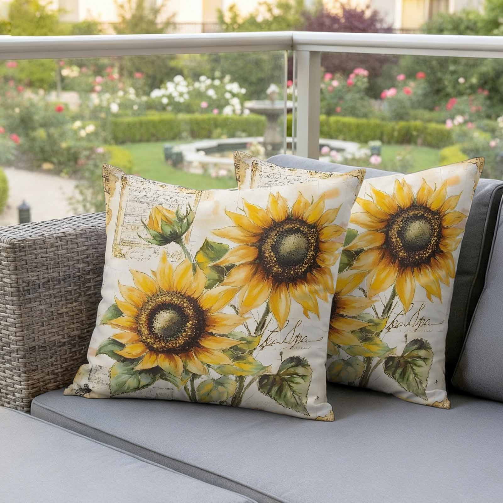 Sunflowers Retro Outdoor Waterproof Pillow Covers, Spring Summer Floral Botanical Decorative Square Throw Pillowcase Sofa Cushion Sham for Patio/Couch/Chair, 20"x20" 2 Pack