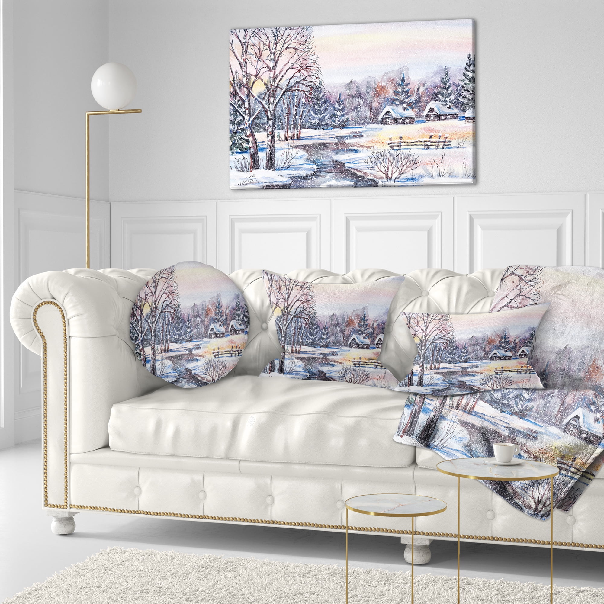 Designart Russian Winter Village - Landscape Photography Throw Pillow - 12x20