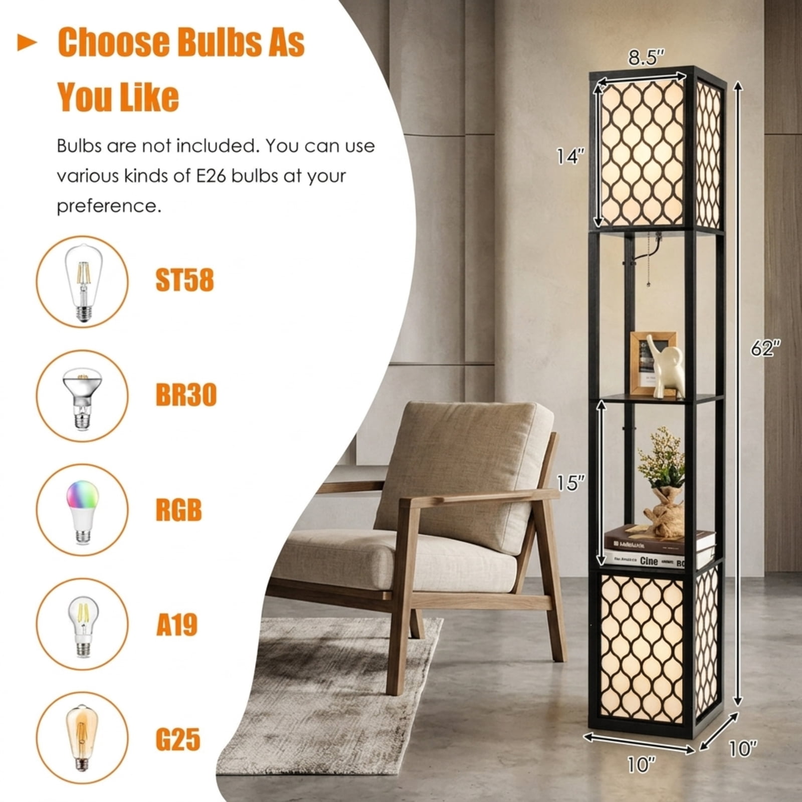 Vebreda Modern Freestanding Shelf Floor Lamp with Double Lamp Pull Chain and Foot Switch for Living Room-Black White | Shelf Standing Lamp