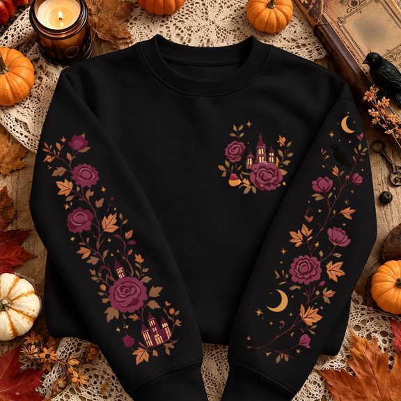 Women Halloween Floral Graphic Sweatshirt JIANLAI Crew Neck Long Sleeve Moon Rose Leaf Print Pullover Casual Autumn Fall Holiday Tops