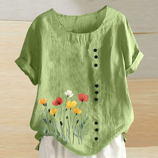 LOVZFMLL Hauts d'Été pour Femmes Col Rond Manches Courtes Mode Décontractée T-Shirt Imprimé à Boutons