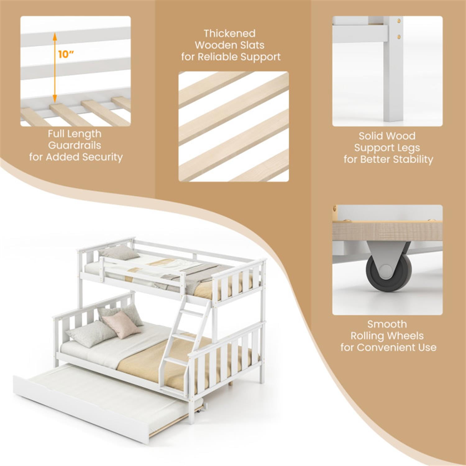 Demi Bonn 3-in-1 Twin Over Full Bunk Bed with Trundle and Ladder, Twin Bunk Beds, Bunk Beds, White