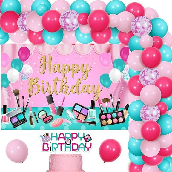 Spa Birthday Party Decorations for Girls Makeup Happy Birthday Backdrop Decor Makeup Balloon Garland Arch Kit Spa Cake Topper Lipstick and Lip Balloons for Girls