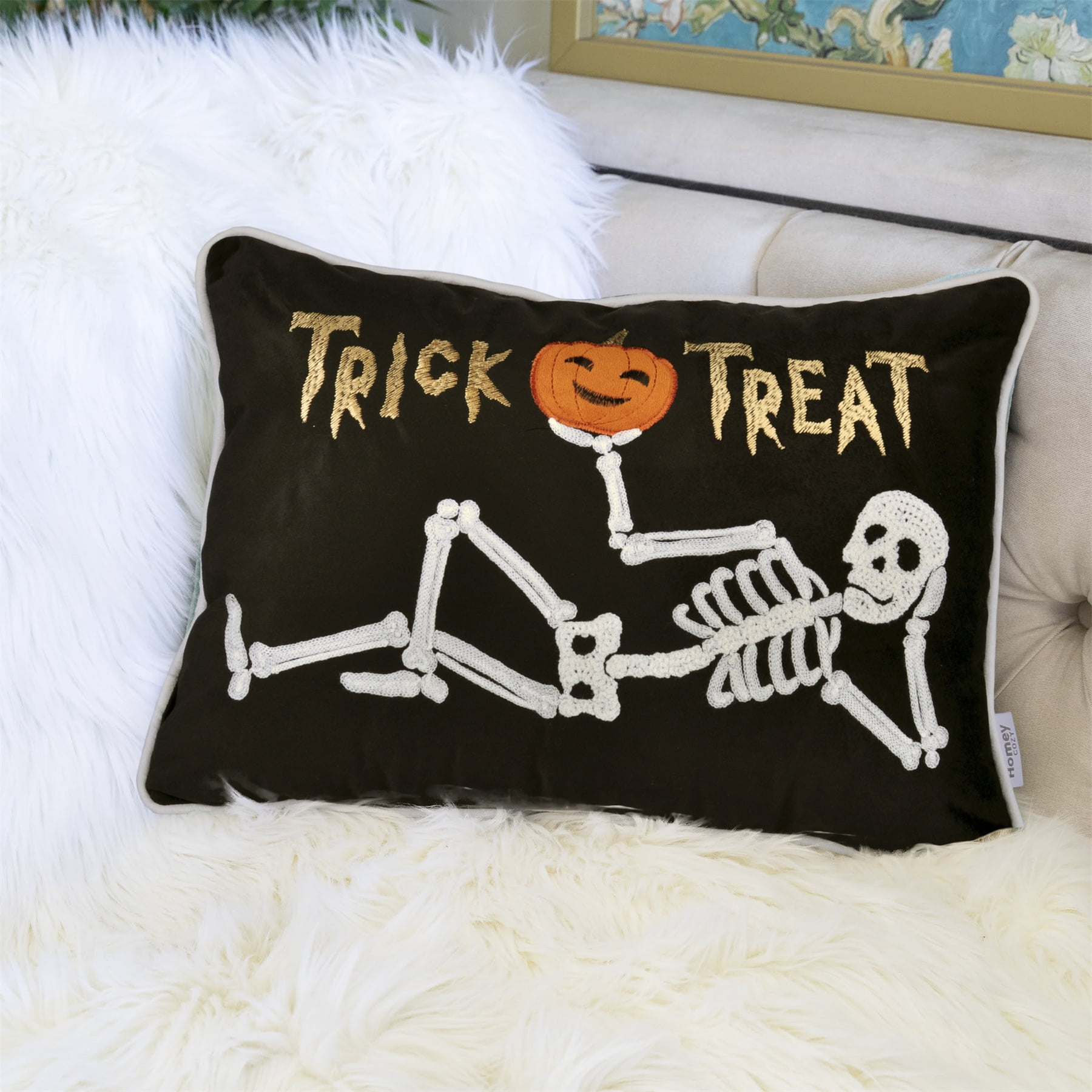 Trick-or-Treat Black Embroidered Pumpkin Graphic Polyester 14 in. x 20 in. Decorative Throw Pillow