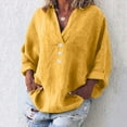 thumbnail image 2 of FRSASU Plus Size Long Sleeved Shirt Women's Solid Color Tops Long Sleeved Loose Cotton and Linen Loose Shirt Blouse V-Neck Tops Yellow 6(M), 2 of 7