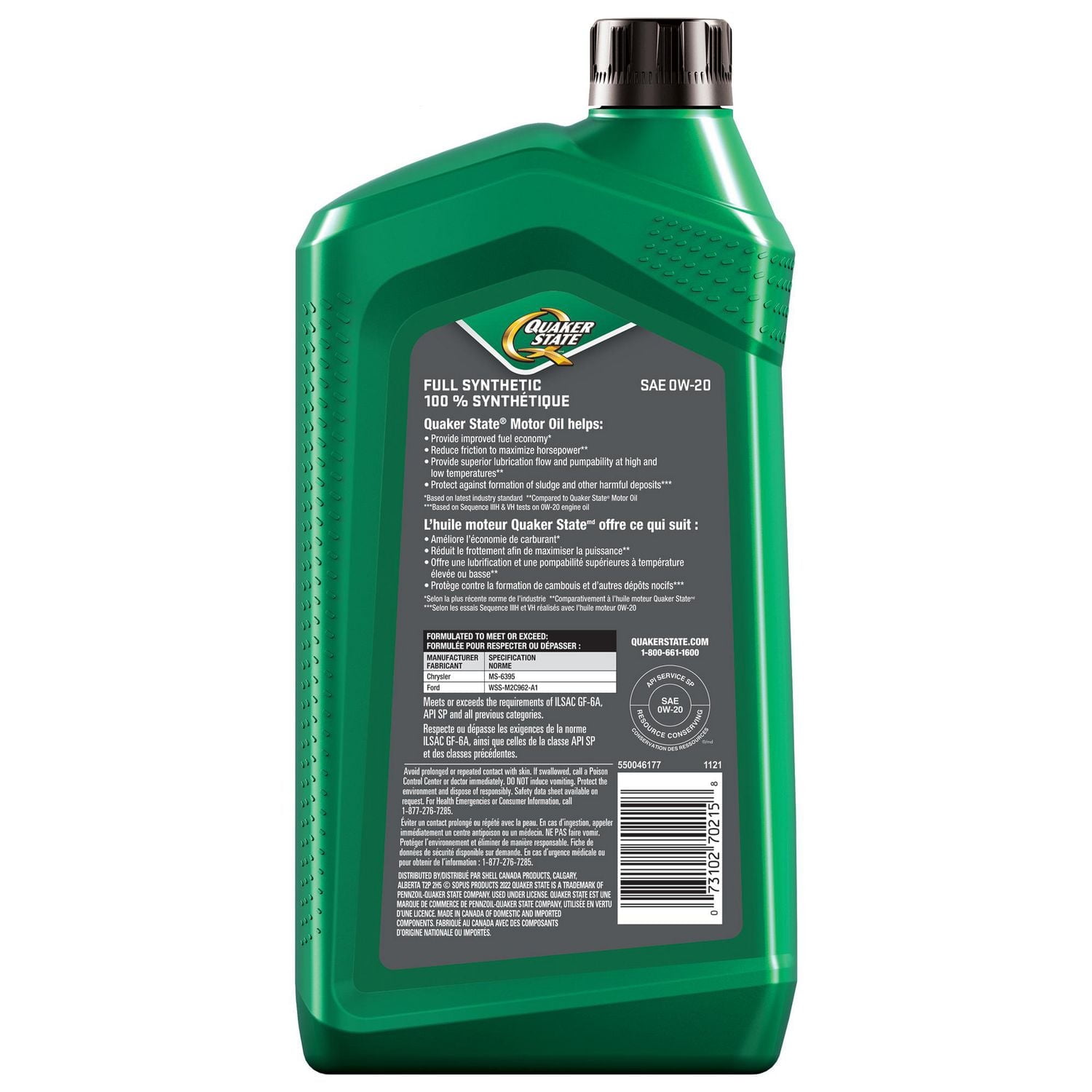 Quaker State Huile moteur entièrement synthétique 0W-20 946 ml QS Synthétique 946 ml